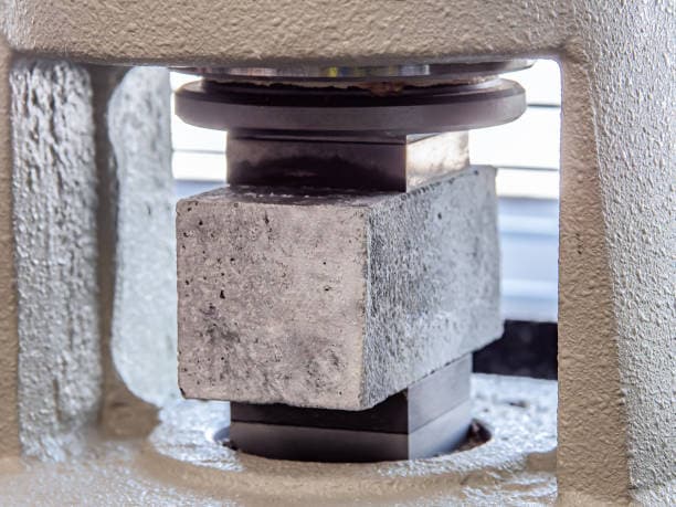 Compressive strength testing machine with concrete cube specimen