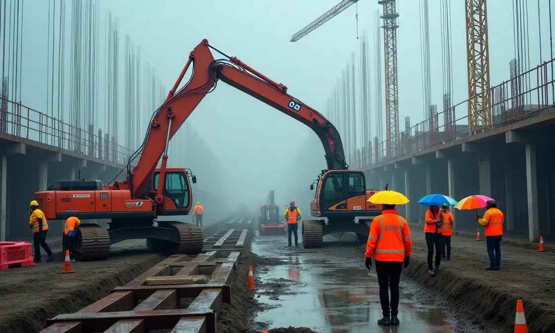 Construction site during rainy season with proper protection measures