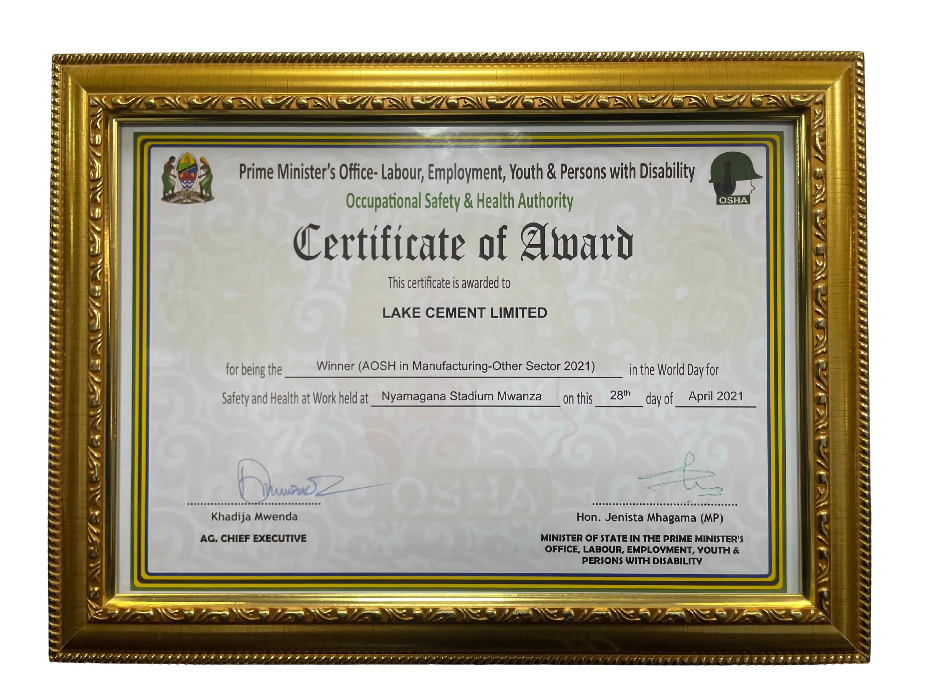 Occupational Safety and Health (AOSH) Certificate of Award